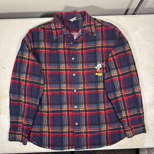 Disney Store Mickey Mouse Corduroy Plaid Button Down Shirt Navy Red Mens L-XL